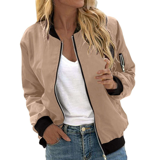 Women's Solid Color Cool Girl Baseball Jackets Round Neck Zipper Vintage Bomber Jacket Autumn Casual Female Bomber Jacket Chic Outerwear - globaltradeleader