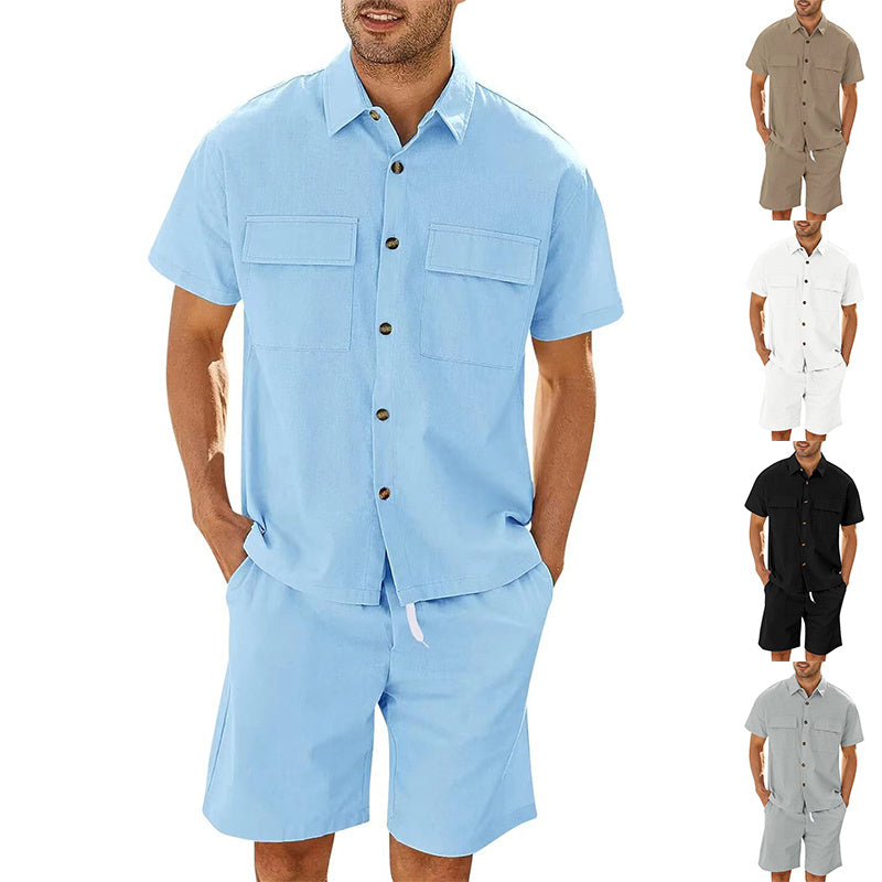 Summer Suits Men Short Sleeve Lapel Pockets Shirt And Drawstring Shorts Sports Fashion Leisure Men's Clothing - globaltradeleader