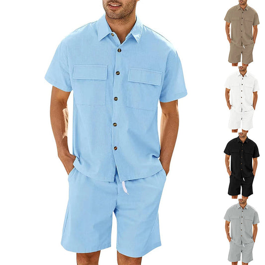 Summer Suits Men Short Sleeve Lapel Pockets Shirt And Drawstring Shorts Sports Fashion Leisure Men's Clothing - globaltradeleader