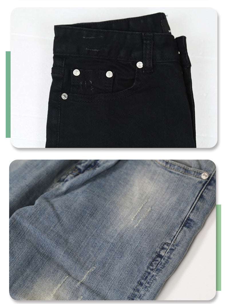 Pure Black Stretch Jeans With Holes For Men