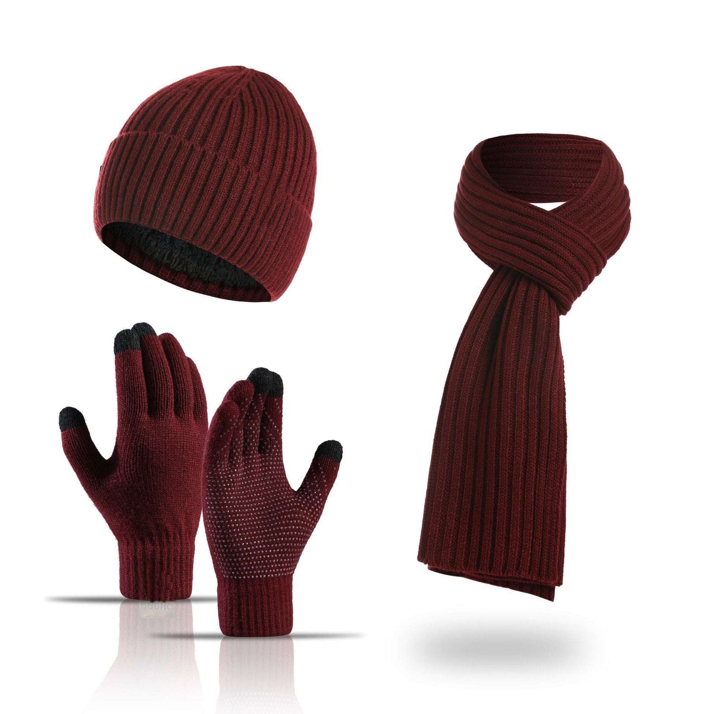 Winter Solid Color Scarf Hat Gloves Knitted Three-piece Suit - globaltradeleader