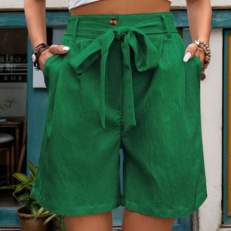 Women's Simple Casual Lace Up Elastic Waist Solid Color Shorts - globaltradeleader