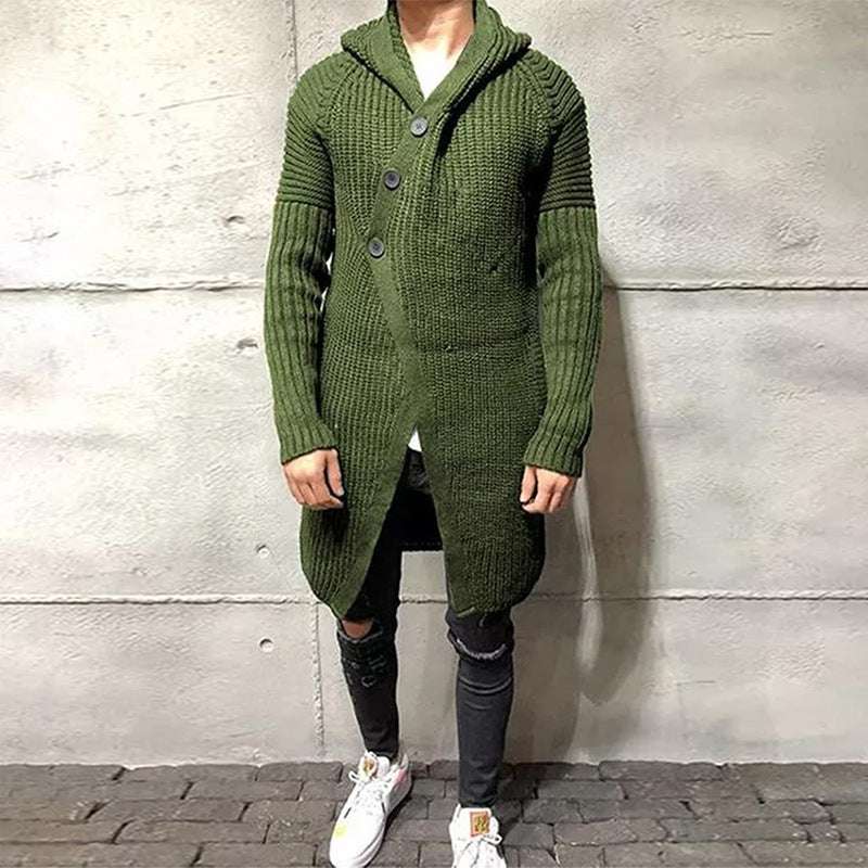 Long Knitted Hooded Sweater Coat Men Solid Color Button Casual Clothes - globaltradeleader