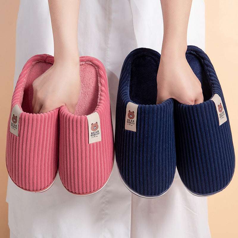 Solid Color Striped Slippers For Women Thick-soled Anti-slip Indoor Warm Plush Home Shoes Couple Women Men Slipper Winter - globaltradeleader