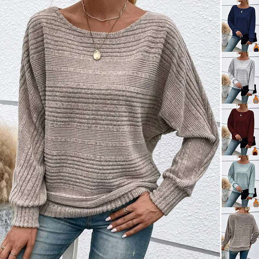 Solid Striped Batwing Sleeves T-shirt Fashion Casual Pullover Round Neck Long Sleeve Top Spring And Autumn Women's Clothing - globaltradeleader