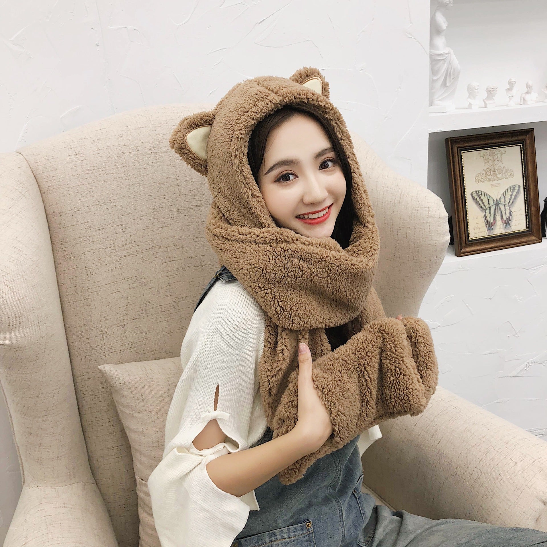 Autumn And Winter Korean Fashion Hat Scarf Gloves Women's Cute Cat Ear Scarf Cap