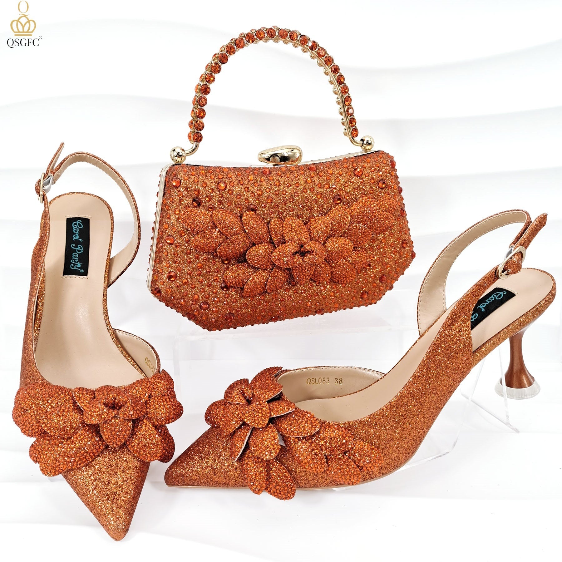 Cross-border Ladies Party Shoes Bag Set Handmade Leaf Decorative Wine Glass Heel - globaltradeleader