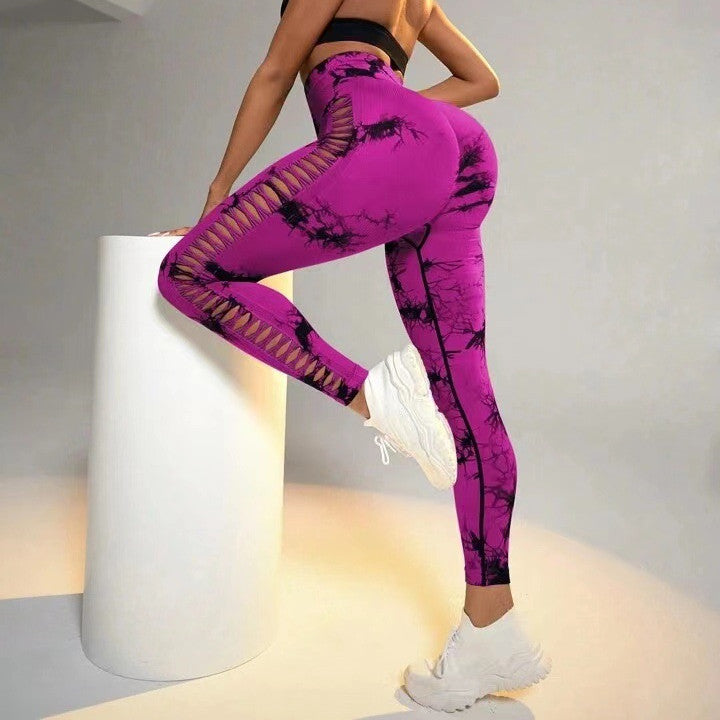 Hollow Tie Dye Printed Yoga Pants High Waist Butt Lift Seamless Sports Gym Fitness Leggings Slim Pants For Women Tight Trousers - globaltradeleader