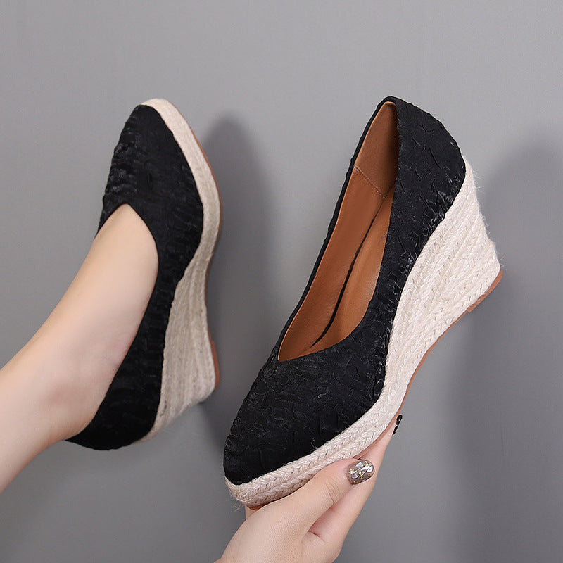 Women's Fashion Pointed-toe Low-cut High Heel Straw Woven Hemp Rope Bottom Shoes - globaltradeleader