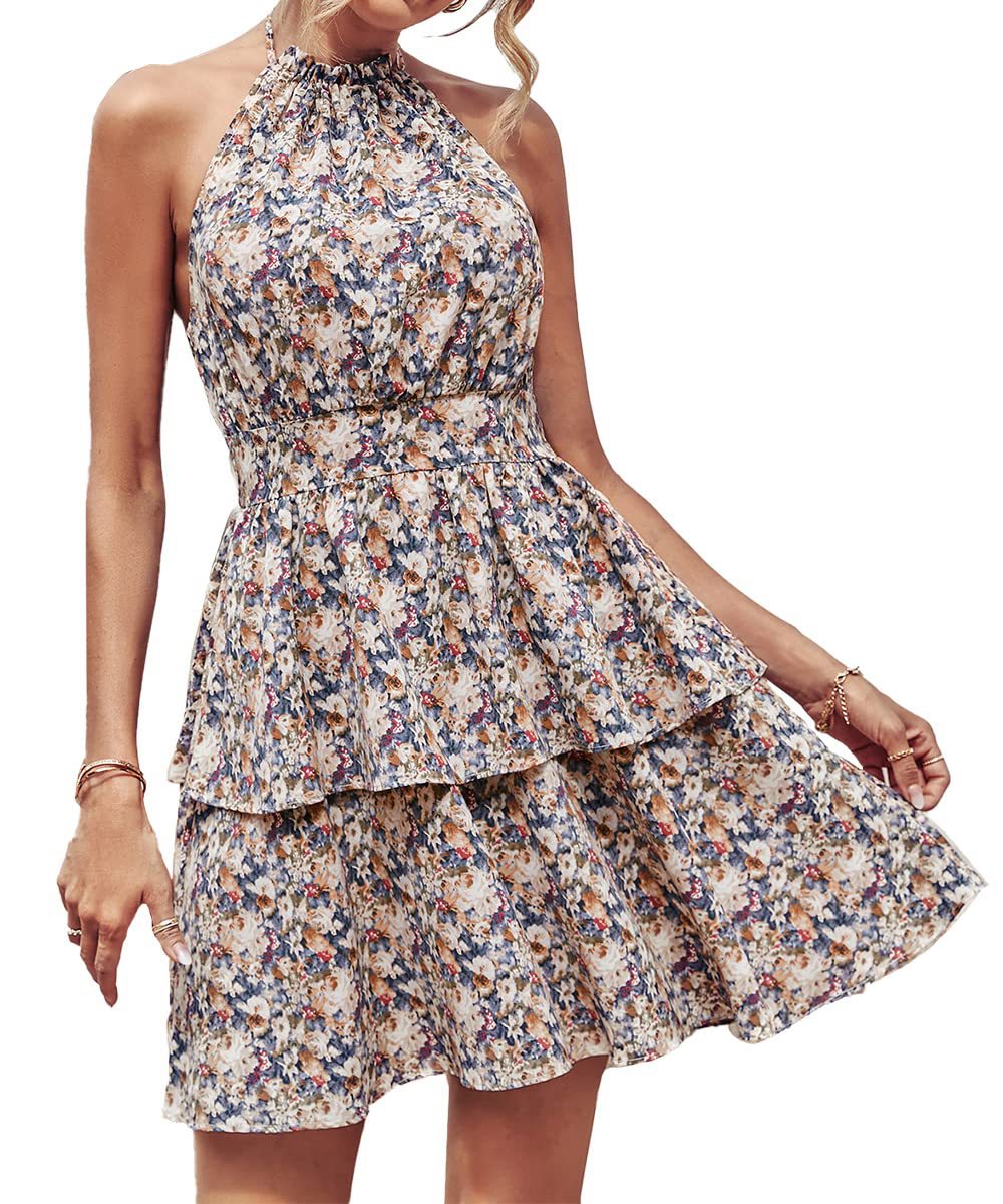 Summer Printed Halter Dress Fashion Backless Ruffled A-Line Beach Dresses For Womens Clothing - globaltradeleader