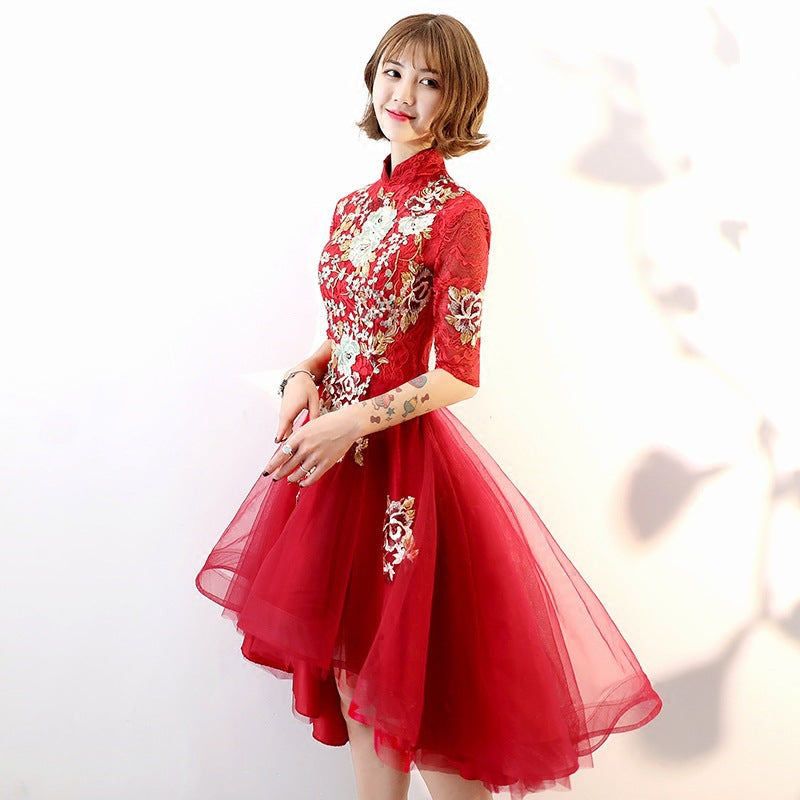 Chinese Toast Gown Bride's New Short Front And Long Back Modern Slimming Chinese Style Evening Dress