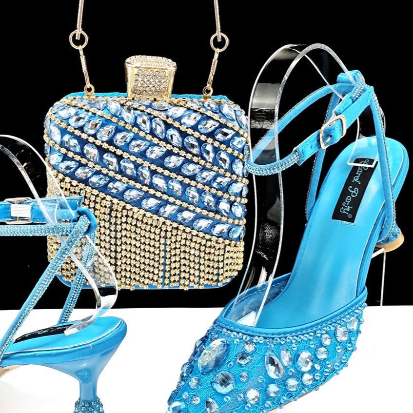 Large Rhinestone High Heel Sandals Three-dimensional Tassel Handbag Set - globaltradeleader