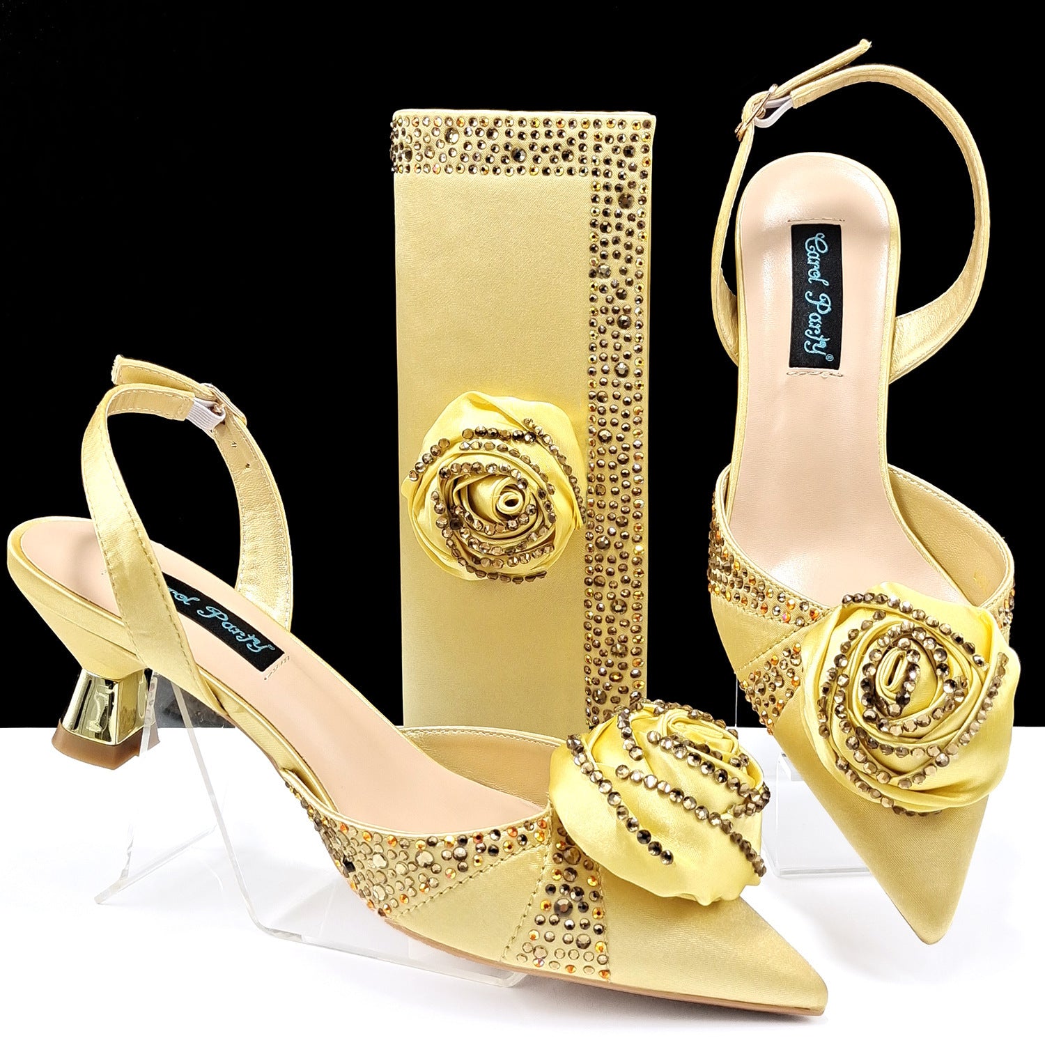 Women's Shoes And Bags Handmade Flower Decoration High Temperature Rhinestone Satin High Heels Suit - globaltradeleader