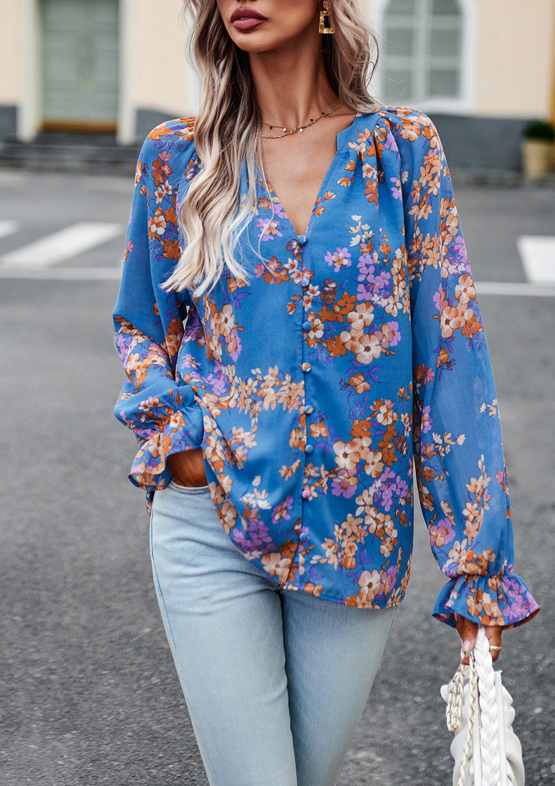 Women's Tops Casual Floral Print V Neck Long Sleeve Shirts Loose Chiffon Blouses Shirts Tops - globaltradeleader