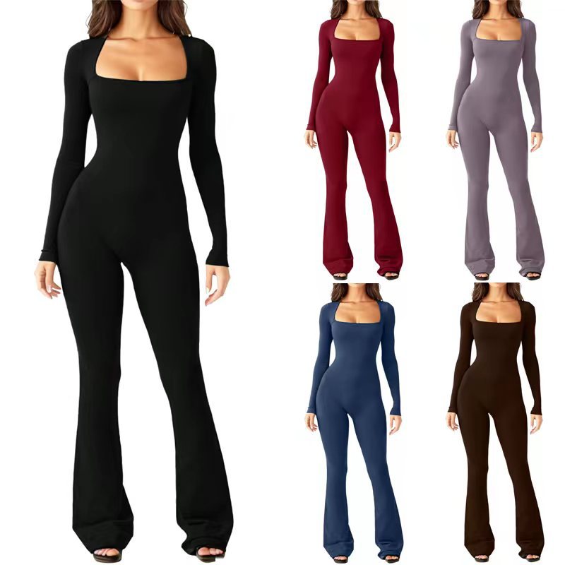 Women Long Sleeve Belly Waist Shaping And Hip Lift Square Collar Wide Leg High Elastic Jumpsuit - globaltradeleader