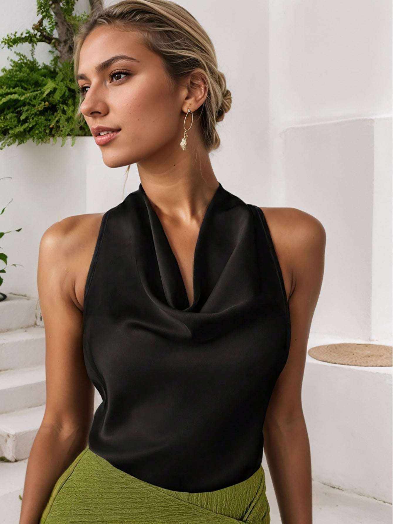 Women Solid Color Swing Collar Sleeveless Vest Trendy Elegant Shirt With Halter Neckline Backless Short Sleeve Tops T shirts - globaltradeleader