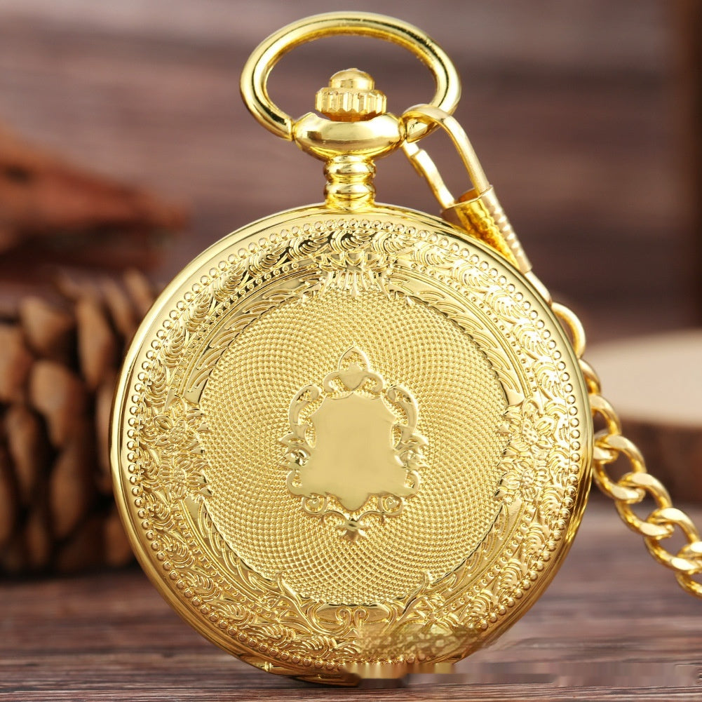 Flip Necklace Gold Double-sided Carved Shield Manual Manipulator Pocket Watch - globaltradeleader