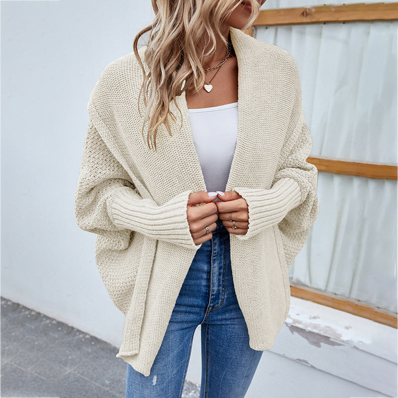 New Loose Knitted Sweater Solid Color Bat Sleeve Large Lapel Cardigan Autumn And Winter Fashion Jacket For Women Clothing - globaltradeleader