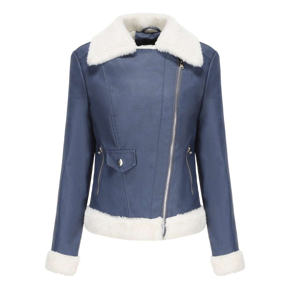 Fleece Leather Jacket Female European Code Warm Long Sleeves Turn-down Collar Coat - globaltradeleader