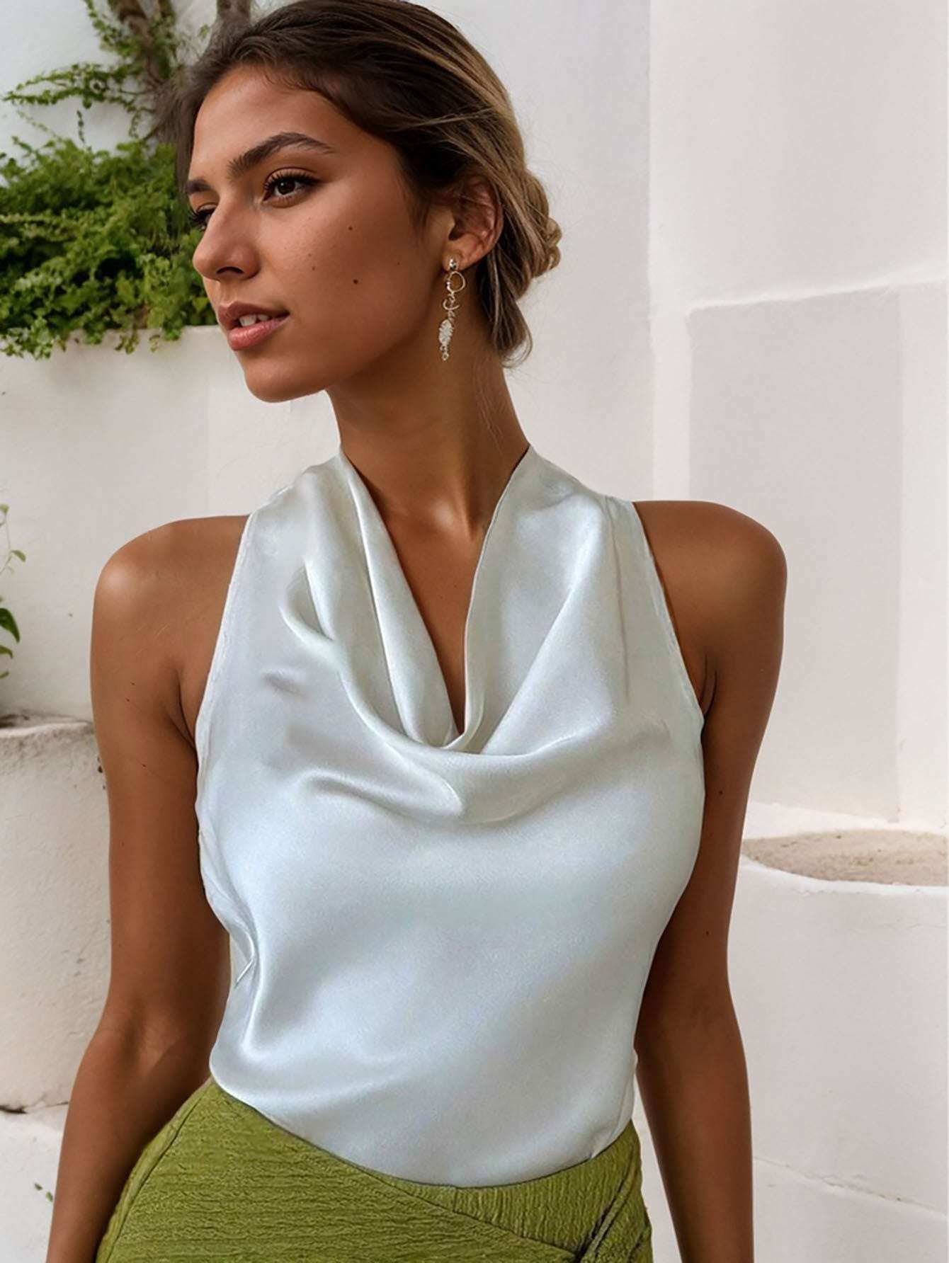Women Solid Color Swing Collar Sleeveless Vest Trendy Elegant Shirt With Halter Neckline Backless Short Sleeve Tops T shirts - globaltradeleader