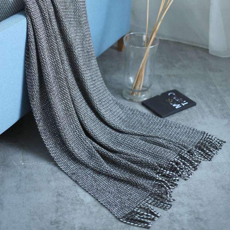 Solid Color Knitted Fringed Wool Sofa Blanket