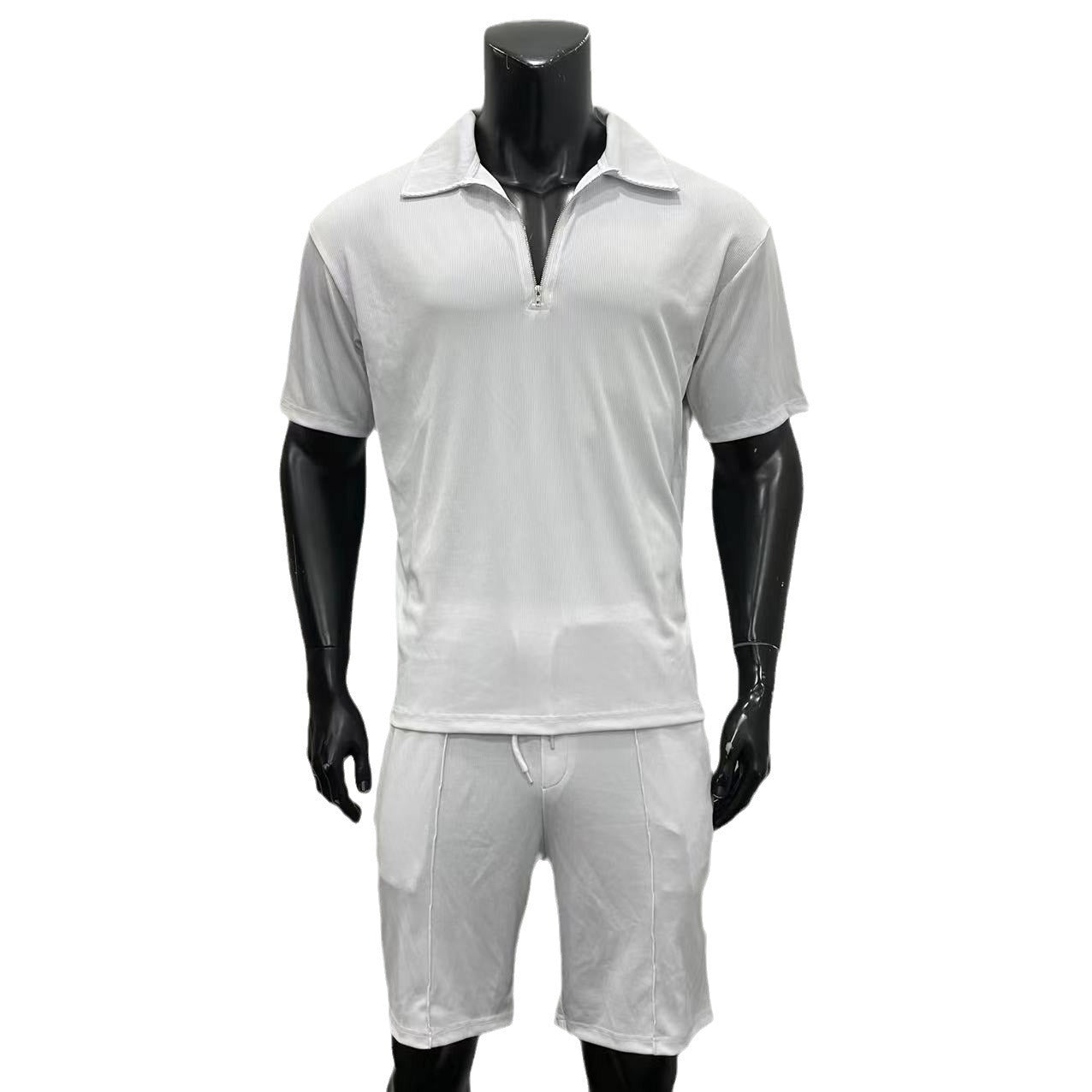 Summer Fashion Mens Clothing  Men's Suits New Zipper Polo Casual Short Sleeve Drawstring Shorts Men's Set - globaltradeleader