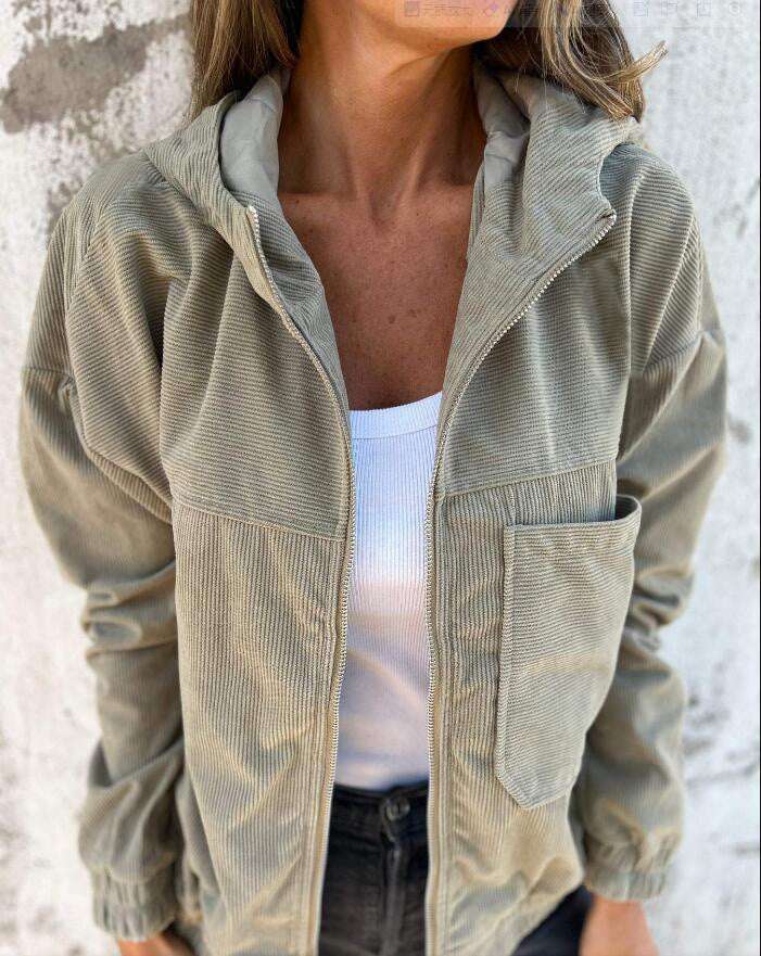 Women's Solid Color Simple Corduroy Hooded Jacket - globaltradeleader