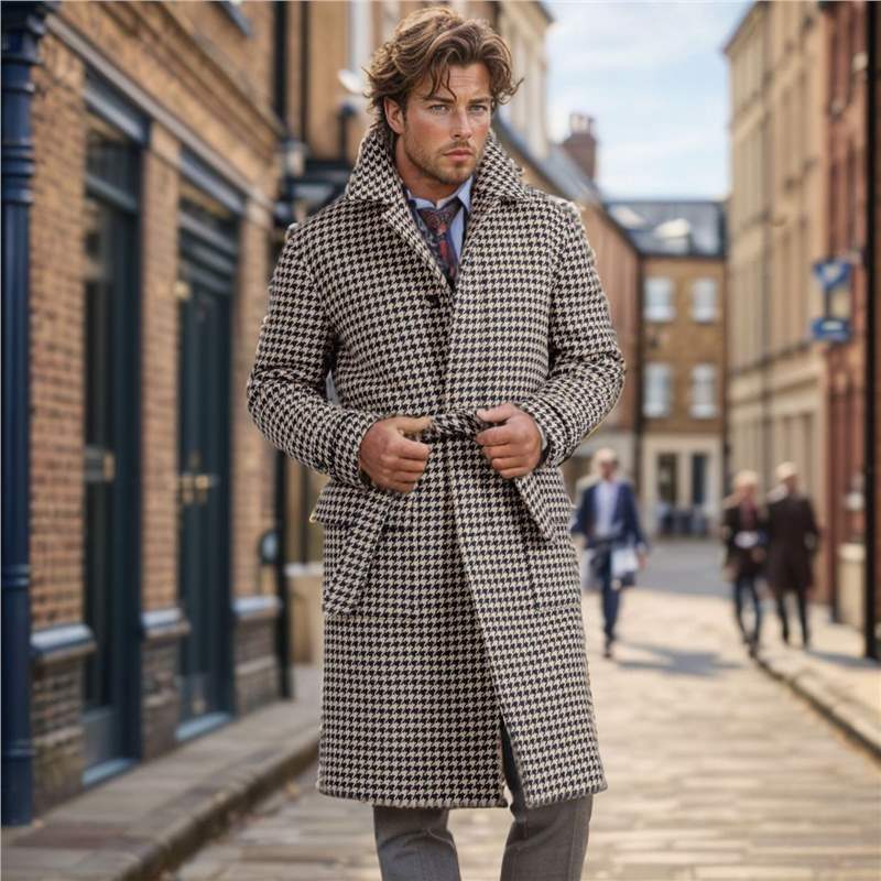 Men's Mid-length Woolen Coat Houndstooth Quilted - globaltradeleader