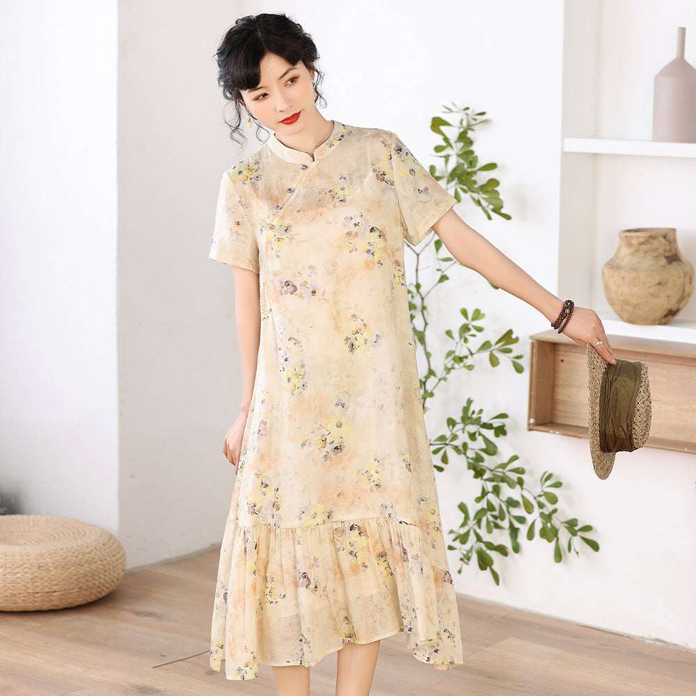 Women's Chinese Stand Collar Print Improved Cheongsam Literary Button Dress