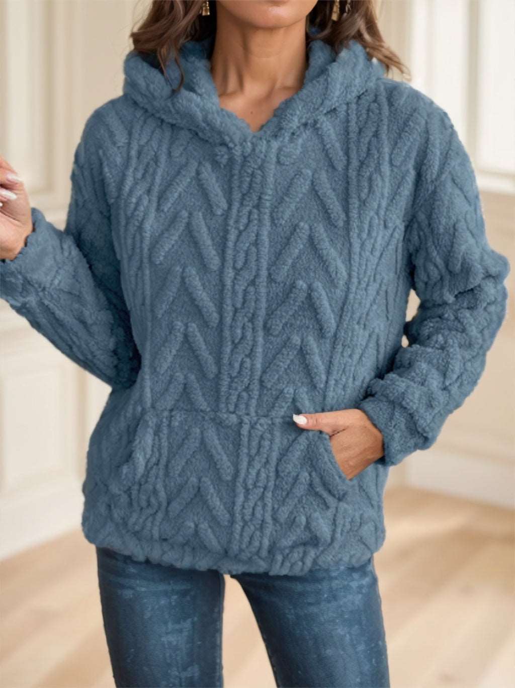 Olid Teddy Bear Textured Hoodie Casual Long Sleeve Kangaroo Pocket Hoodie Sweatshirt - globaltradeleader