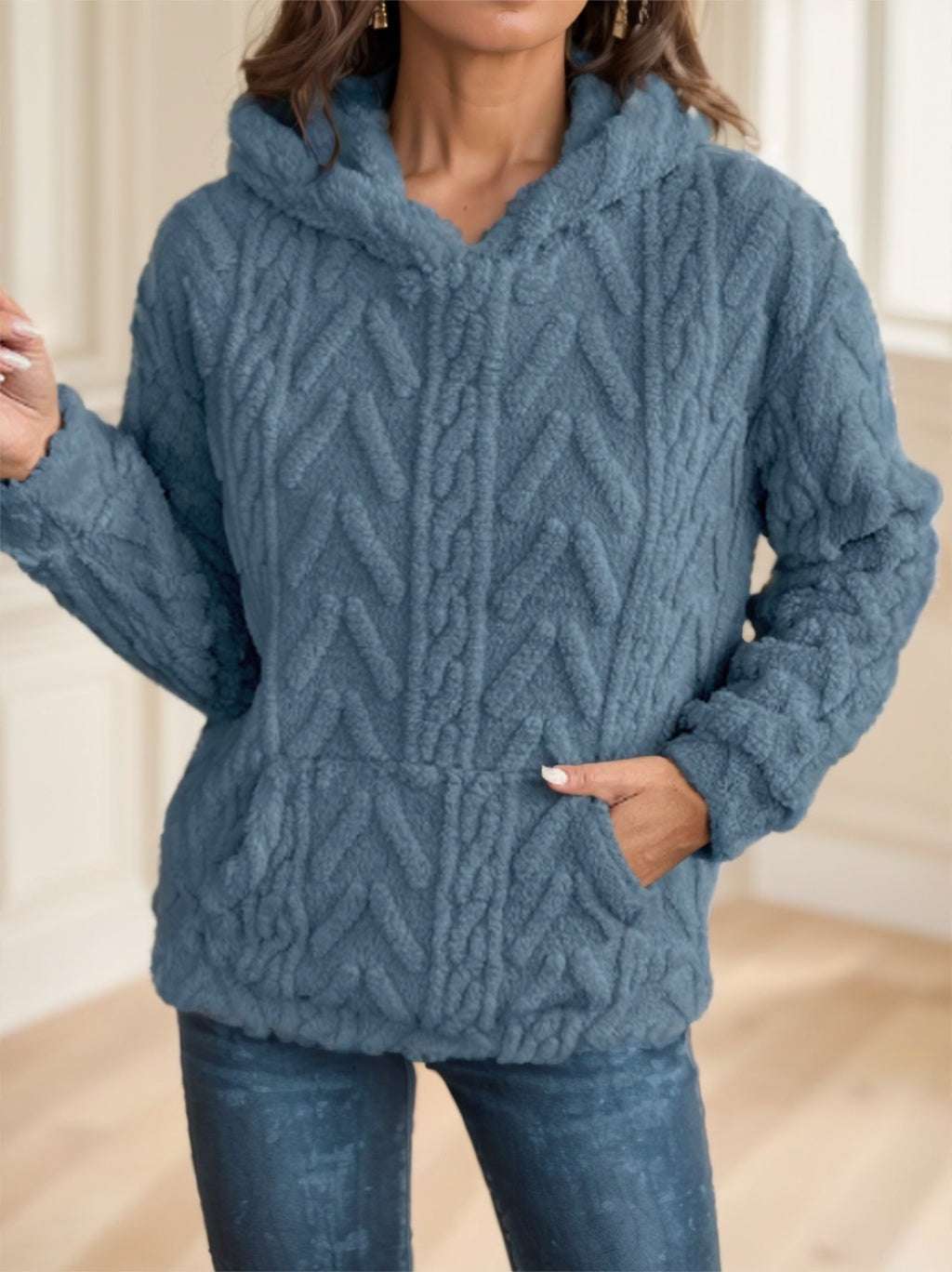 Olid Teddy Bear Textured Hoodie Casual Long Sleeve Kangaroo Pocket Hoodie Sweatshirt - globaltradeleader