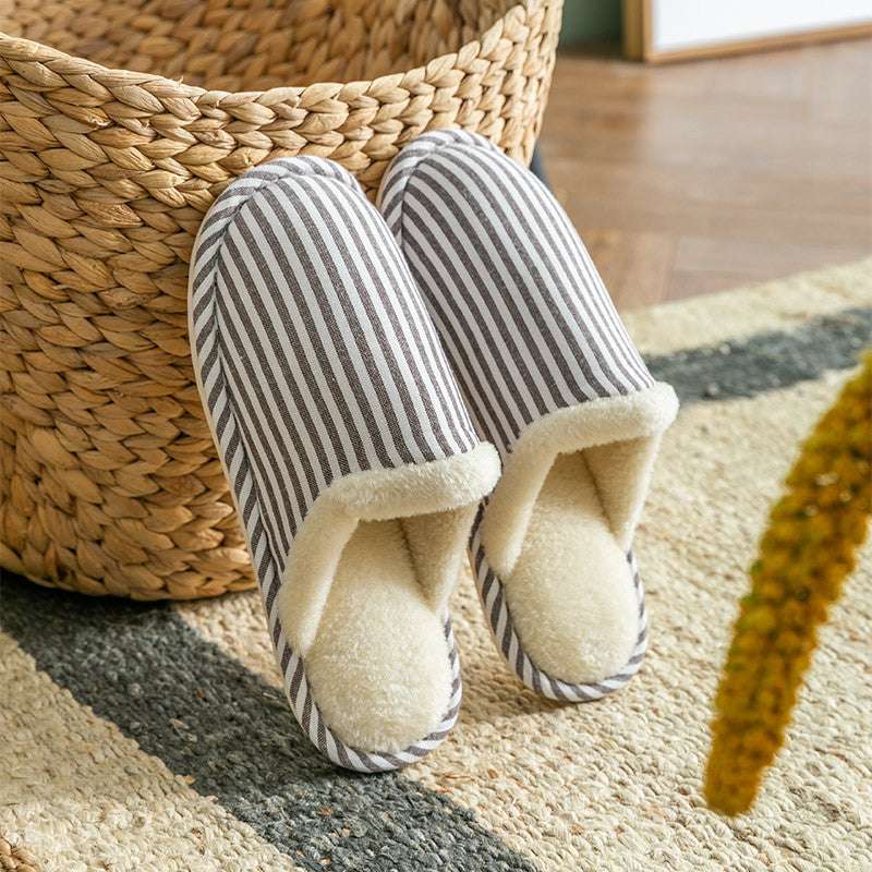 Fashion Striped Printed Slippers For Women Autumn And Winter Warm Non-slip Thick Sole House Shoes Men's Indoor Plush Shoes - globaltradeleader