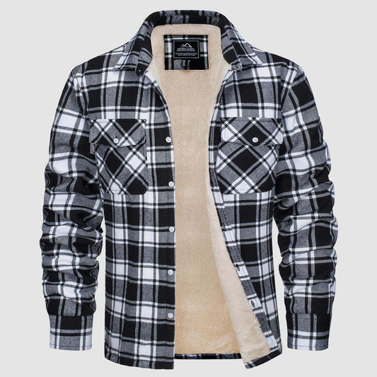 Fleece Lined Men's Jacket Long Sleeve Lapel Plaid - globaltradeleader