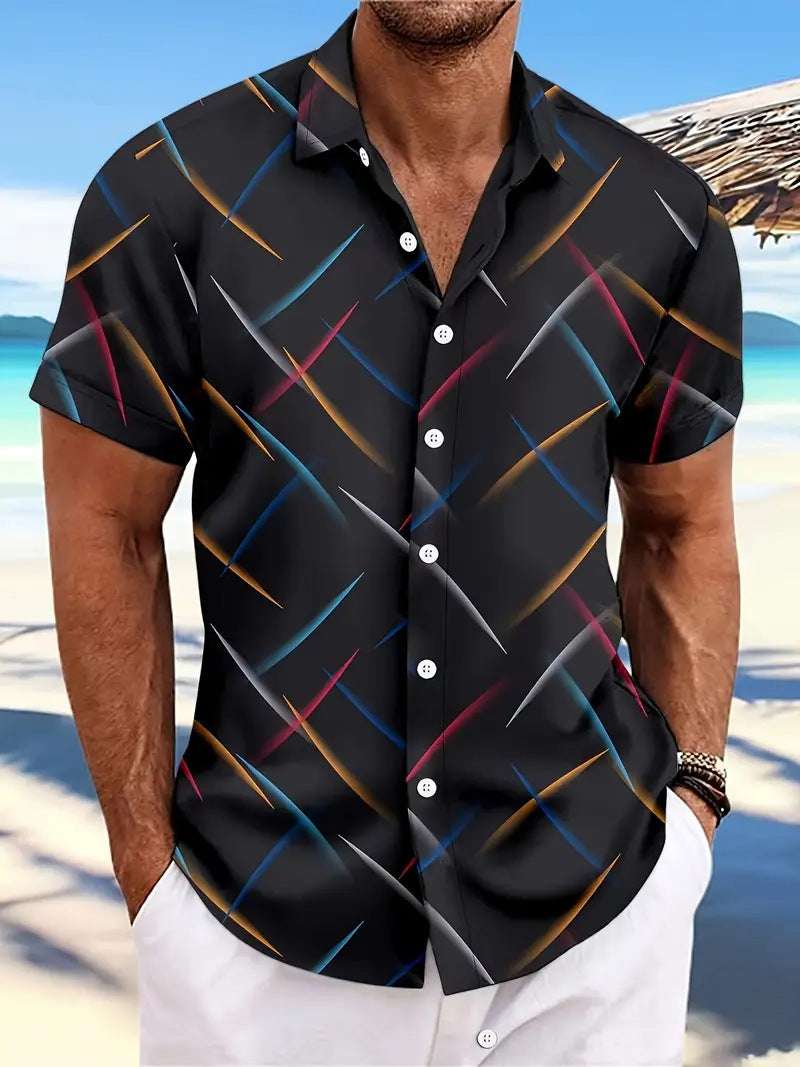 Summer New Men's Striped Feather Casual Beach Short Sleeve Button Shirt - globaltradeleader
