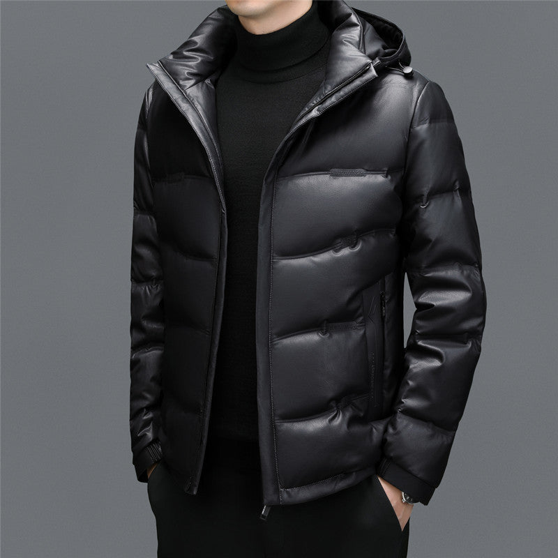 Men's Casual Solid Color White Duck Down Warm Hooder Leather Coat - globaltradeleader