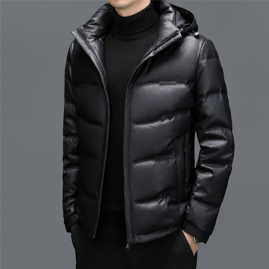 Men's Casual Solid Color White Duck Down Warm Hooder Leather Coat - globaltradeleader