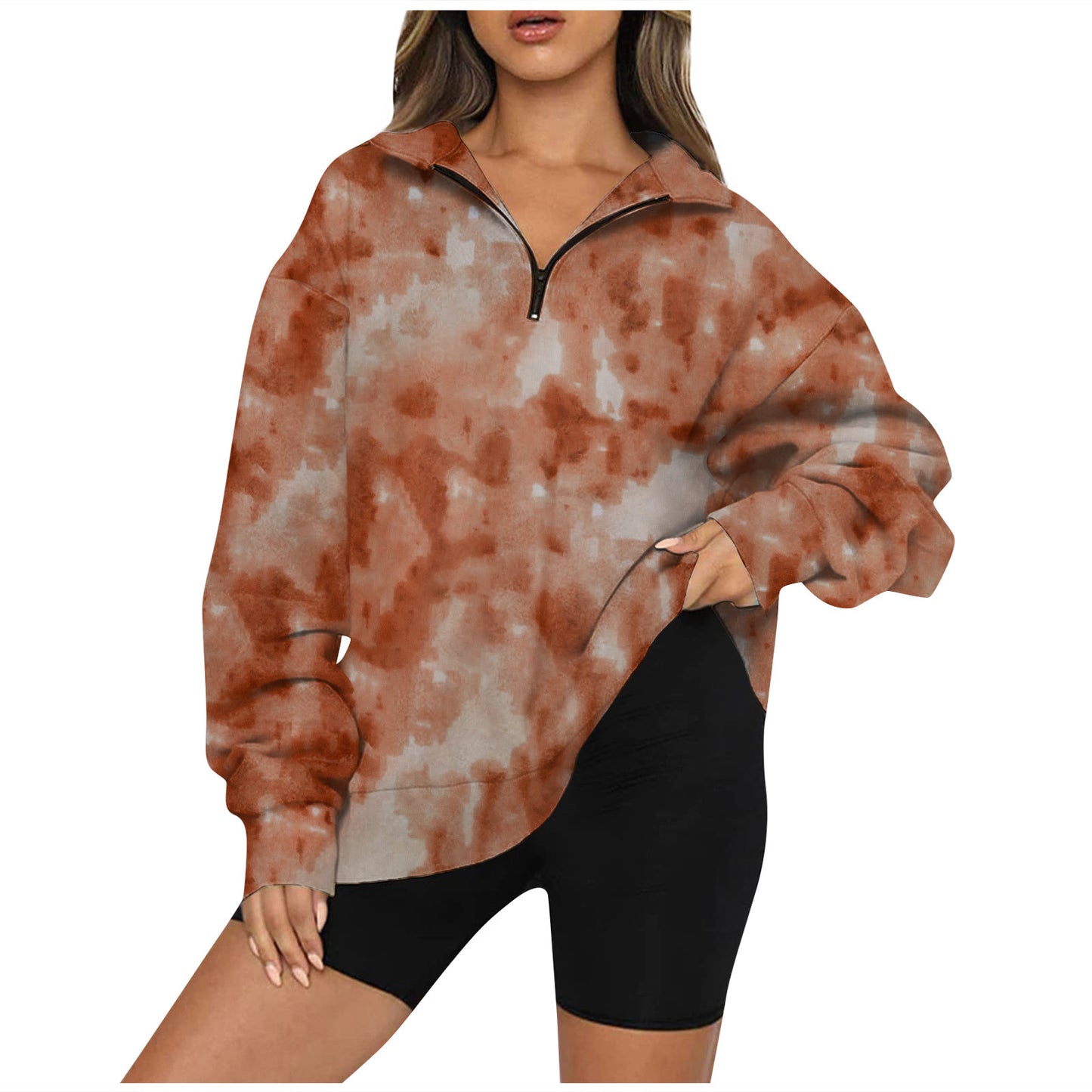 Tie Dye Printed Zippered Lapels Sweatshirt Womens Clothing Long Sleeve Loose Pocketless Top - globaltradeleader