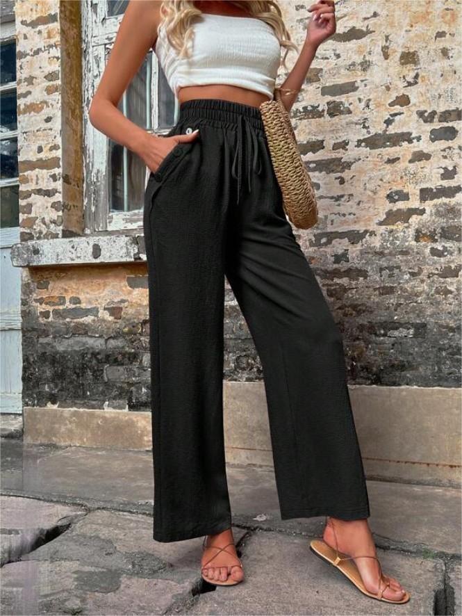 New Casual Pants With Pockets Elastic Drawstring High Waist Loose Trousers For Women - globaltradeleader