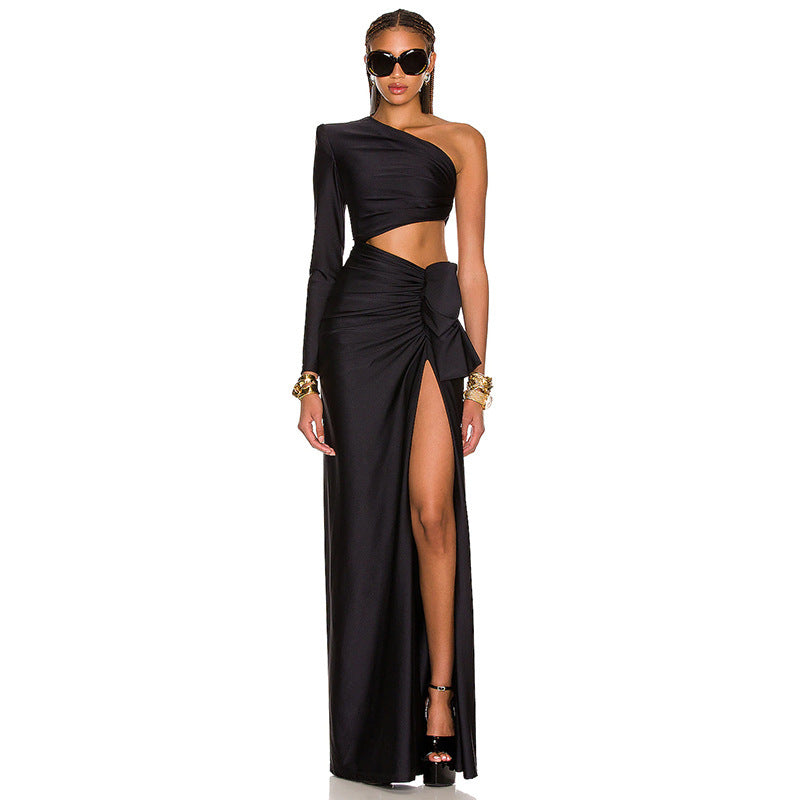 Women's Long Sleeved Hollow Slit Elastic Sloping Shoulder Dress - globaltradeleader