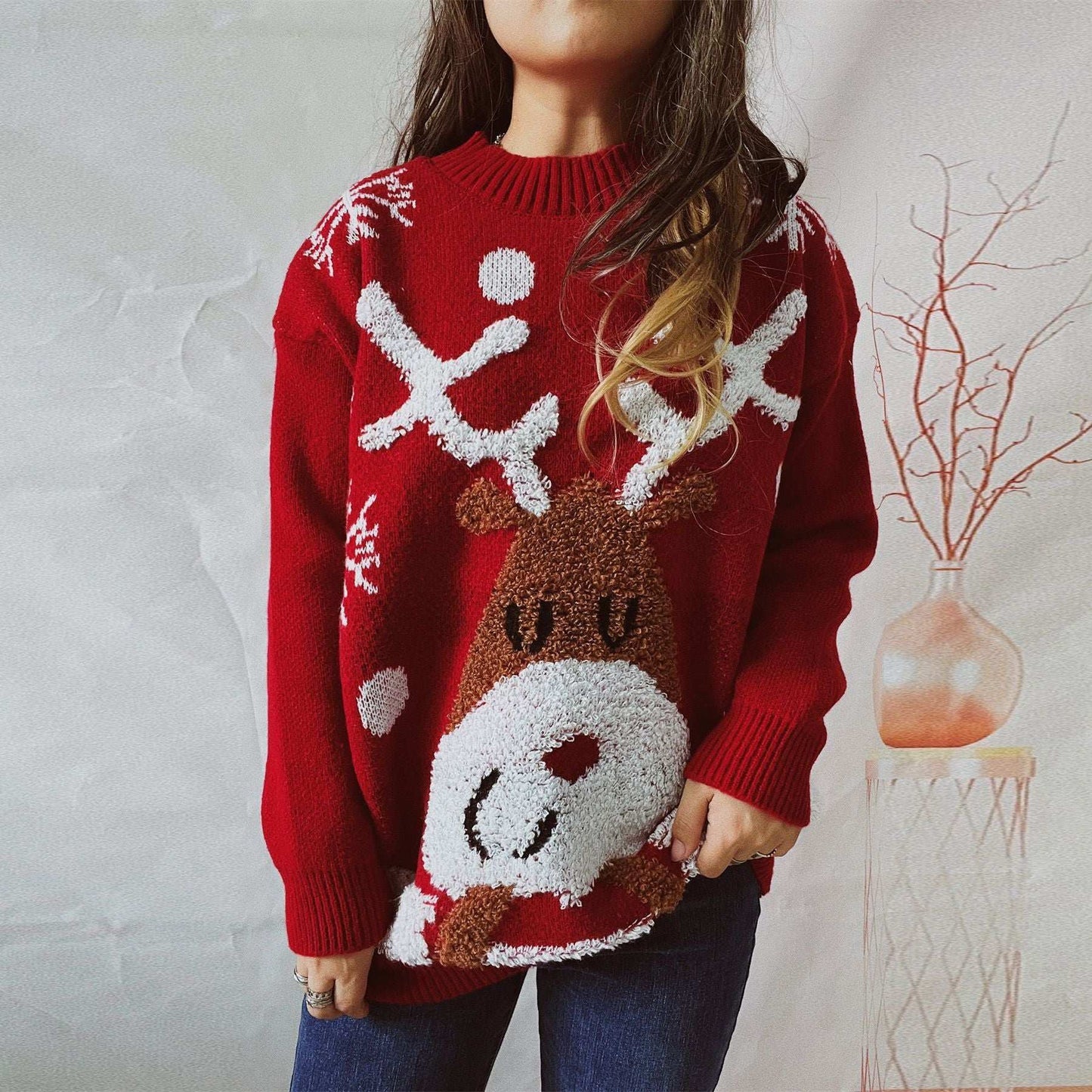 Women's Fashion Loose Elk Snowflake Flocking Jacquard Round Neck Sweater - globaltradeleader