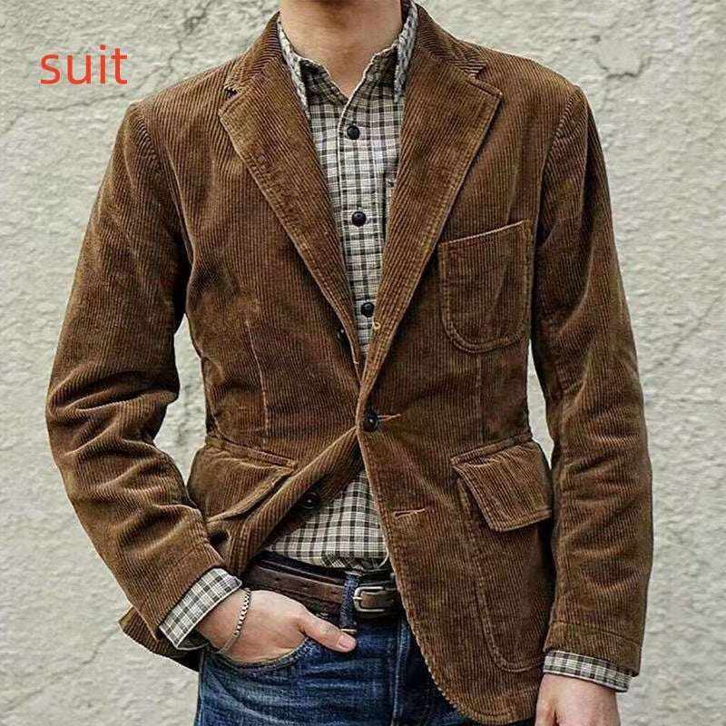 Corduroy Jacket Winter Solid Color Casual Blazer Fashion Warm Men Coat - globaltradeleader