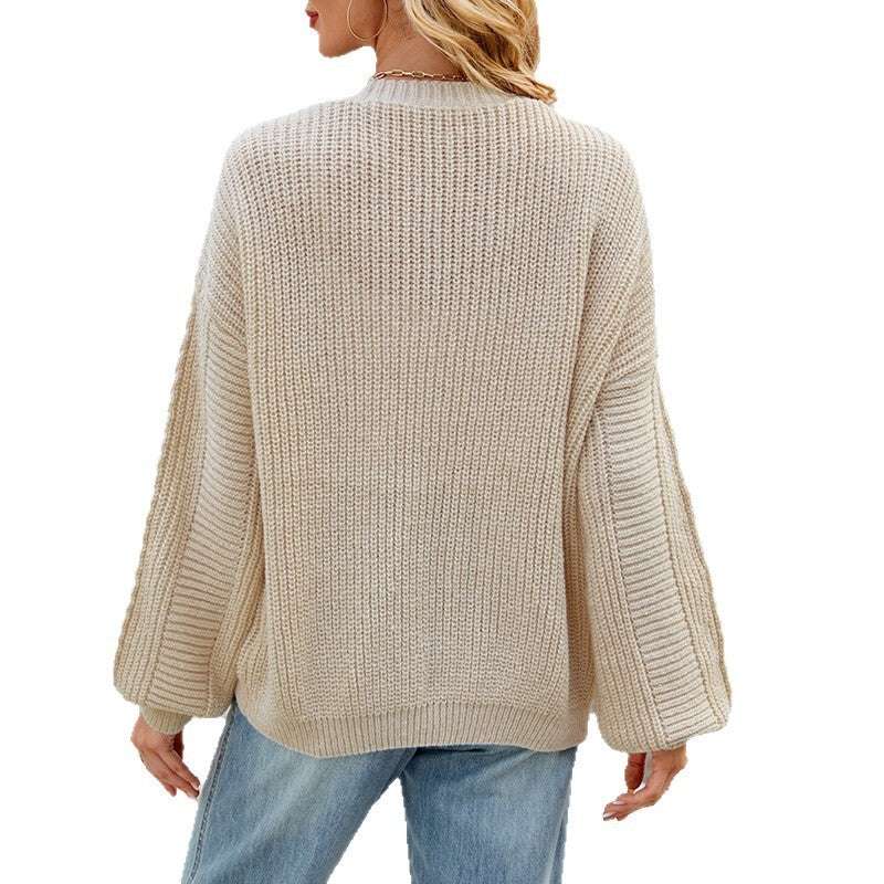 Women's Loose Long-sleeved V-neck Twisted Knitted Sweater Coat