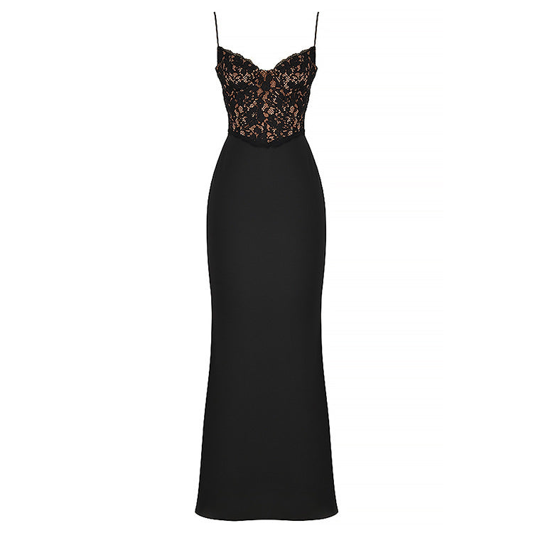 Lace High Waist Long Dress Deep V Strap Fishtail Gown - globaltradeleader