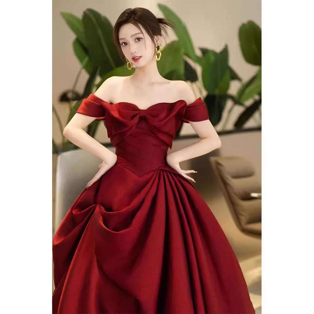 High-end Engagement Red Evening Dress French Off-shoulder Bow Princess Dress - globaltradeleader