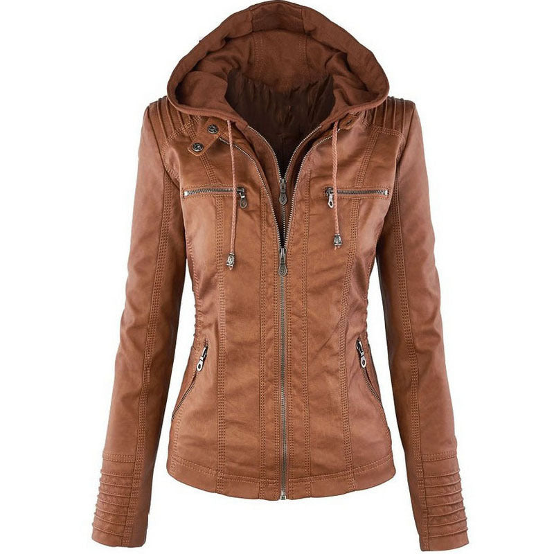 Fashion Detachable Hooded Jacket With Pockets Casual Solid Color Zipper Long Sleeve Leather Coat Autumn Winter Women's Clothing - globaltradeleader