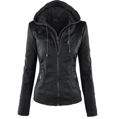 Fashion Detachable Hooded Jacket With Pockets Casual Solid Color Zipper Long Sleeve Leather Coat Autumn Winter Women's Clothing - globaltradeleader