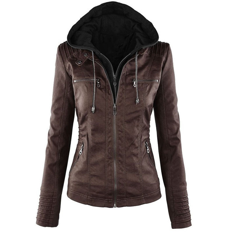 Fashion Detachable Hooded Jacket With Pockets Casual Solid Color Zipper Long Sleeve Leather Coat Autumn Winter Women's Clothing - globaltradeleader