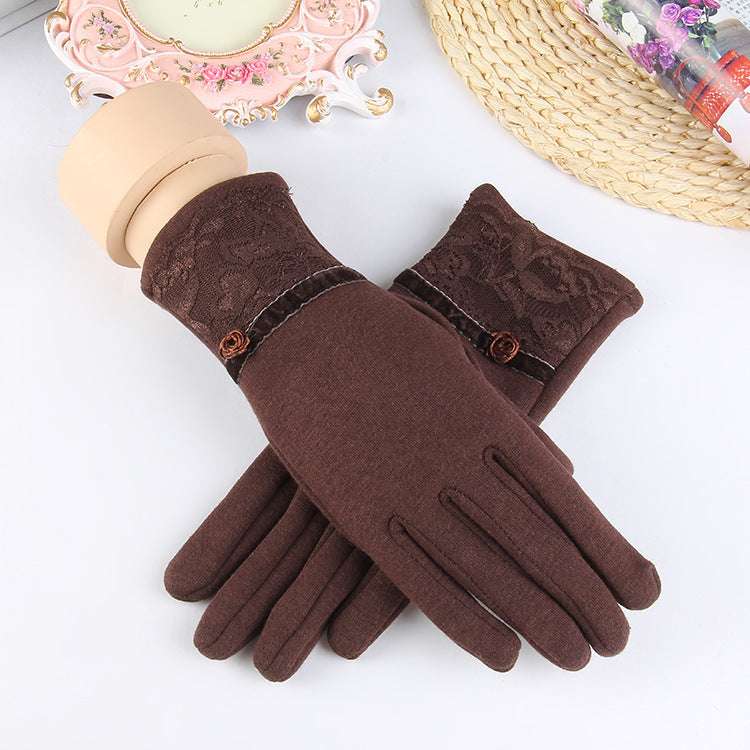 New Women's Outdoor Cycling Gloves Winter Solid Color Touch Screen Windproof Warm Gloves Lace Velvet Gloves - globaltradeleader