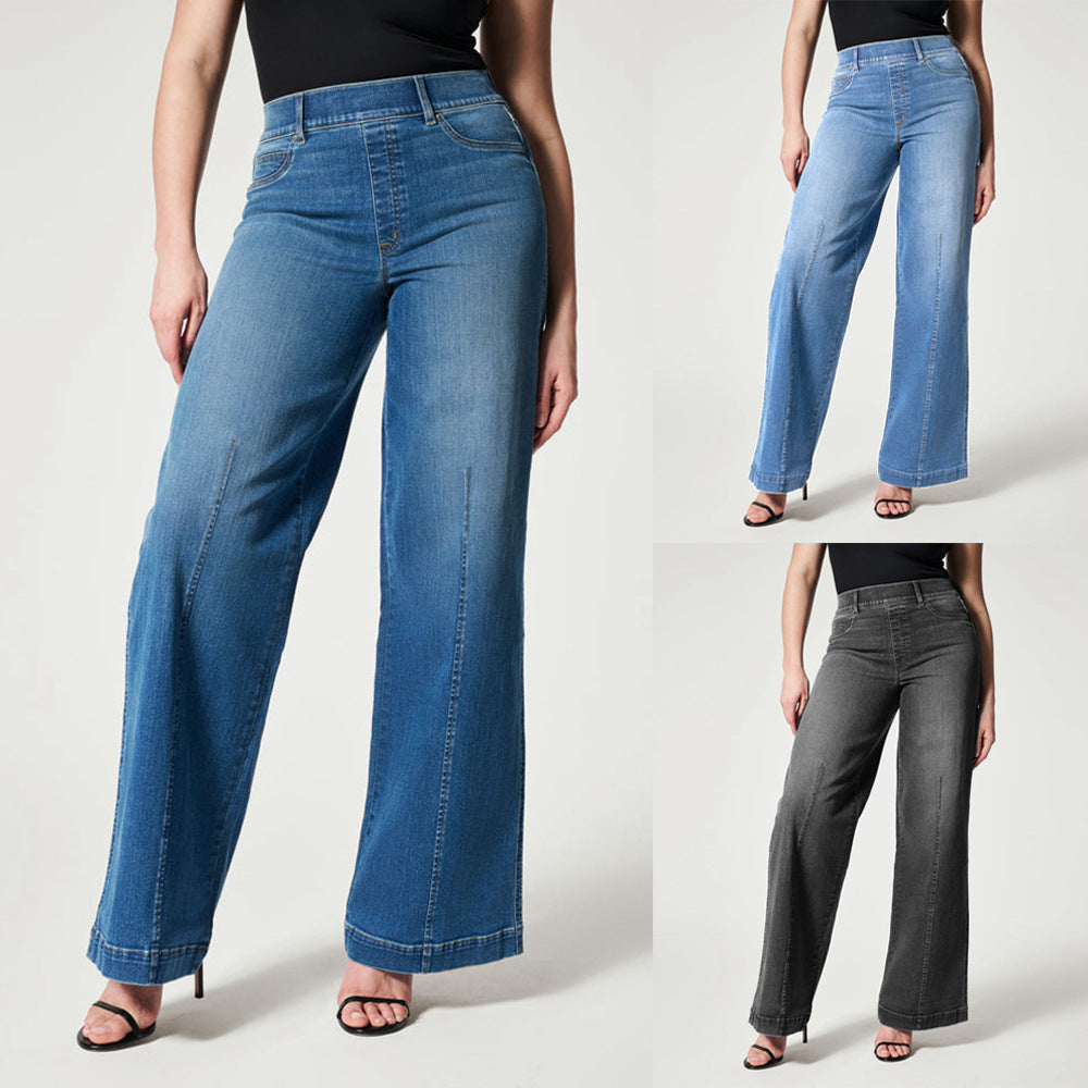 Women's Straight Jeans Mid Waist Wide Leg Pants High Elastic Waist Trousers - globaltradeleader