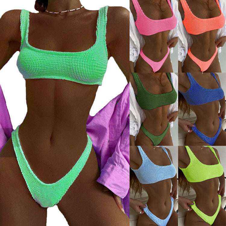 Special Fabric Crinkle Bikini Ladies Macaron Color Split Swimsuit - globaltradeleader